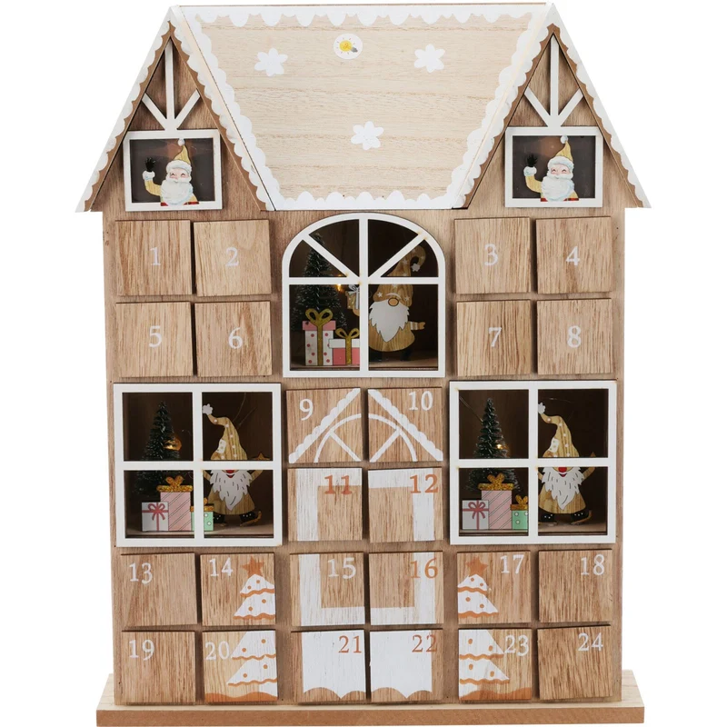 Wooden House Advent Calendar with 24 Drawers and LED Lights | Christmas Calendar