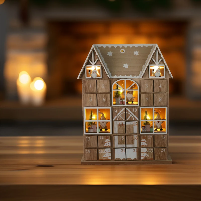 Wooden House Advent Calendar with 24 Drawers and LED Lights | Christmas Calendar
