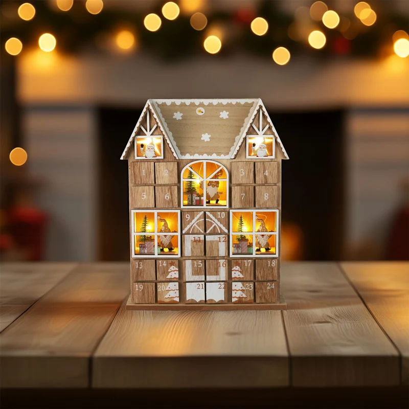 Wooden House Advent Calendar with 24 Drawers and LED Lights | Christmas Calendar