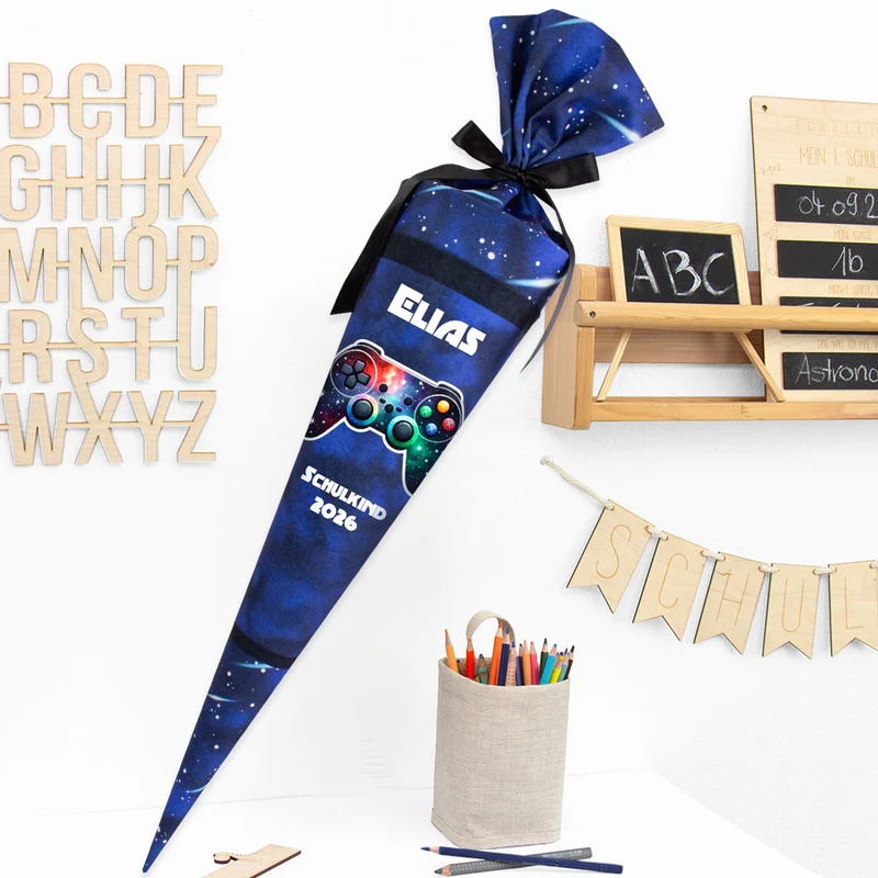 Deine Schultüte aus Stoff mit Wunschname - Jungs Modell 12 - 70 cm