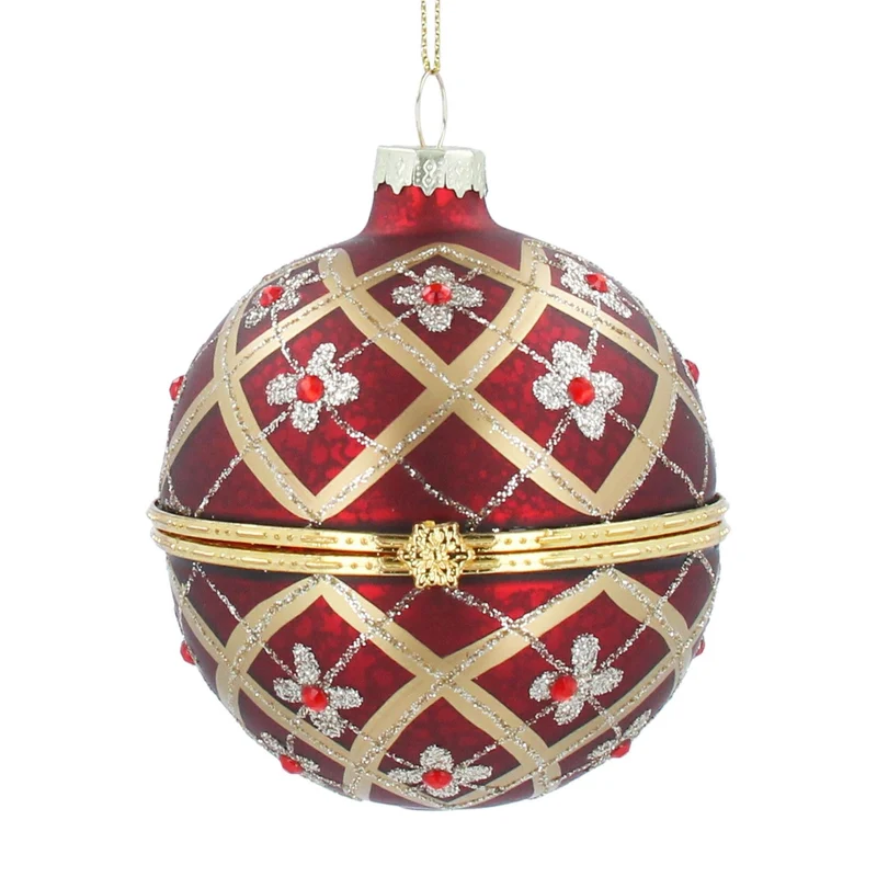Red & Gold Floral Trellis Glass Locket Bauble | Christmas Tree Ornament - 8cm