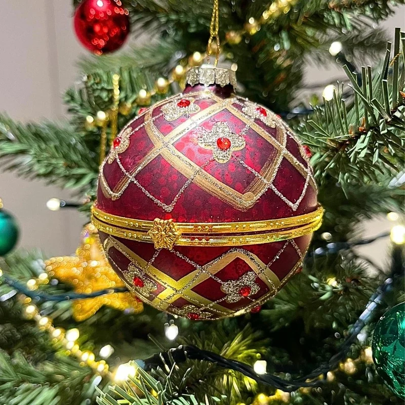 Red & Gold Floral Trellis Glass Locket Bauble | Christmas Tree Ornament - 8cm