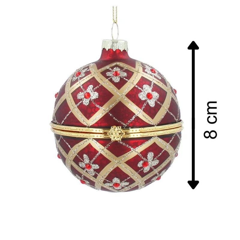 Red & Gold Floral Trellis Glass Locket Bauble | Christmas Tree Ornament - 8cm