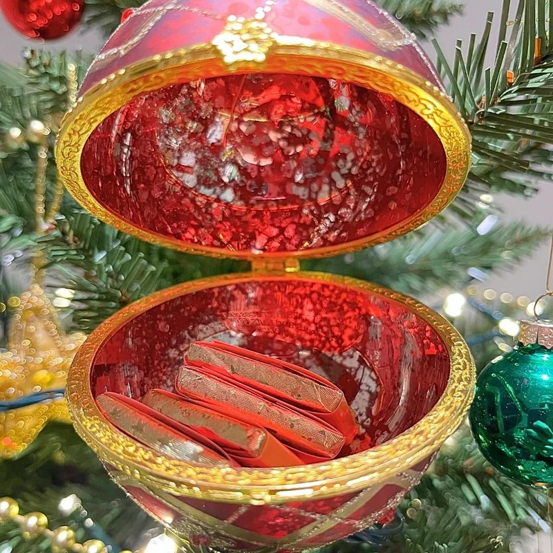Red & Gold Floral Trellis Glass Locket Bauble | Christmas Tree Ornament - 8cm