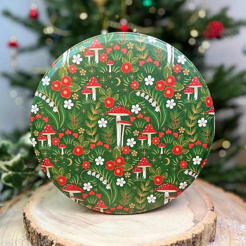 Woodland Mushroom Cake Tin | Round Metal Storage Tin For Bakers - 24 x 12cm