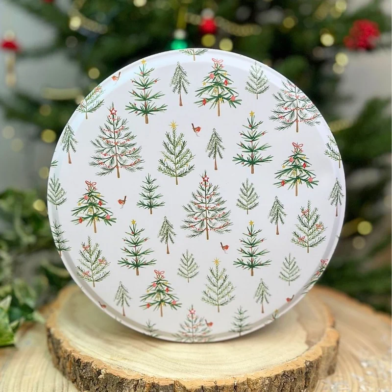 Christmas Trees Cake Tin | Round Metal Storage Tin for Seasonal Bakes 24 x 12cm