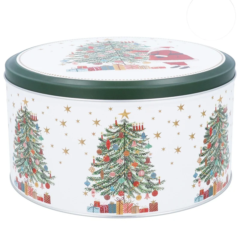 Christmas Tree Cake Tin | Round Metal Festive Cookie Storage Tin 24 x 12cm