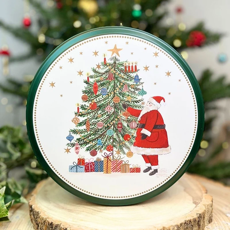 Christmas Tree Cake Tin | Round Metal Festive Cookie Storage Tin 24 x 12cm