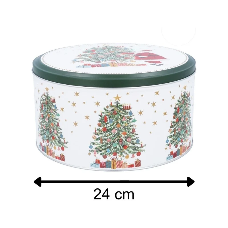 Christmas Tree Cake Tin | Round Metal Festive Cookie Storage Tin 24 x 12cm