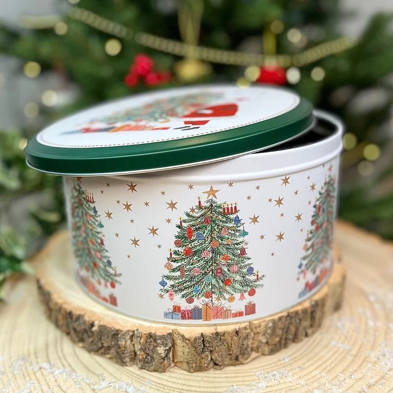 Christmas Tree Cake Tin | Round Metal Festive Cookie Storage Tin 24 x 12cm