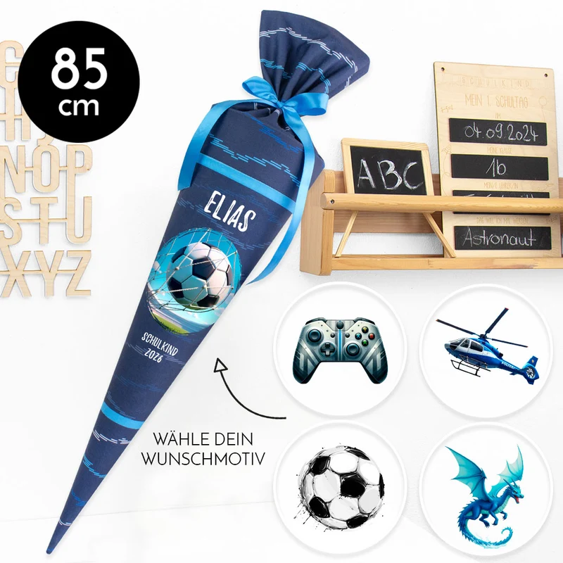 Deine Schultüte aus Stoff mit Wunschname - Jungs Modell 7 - 85 cm