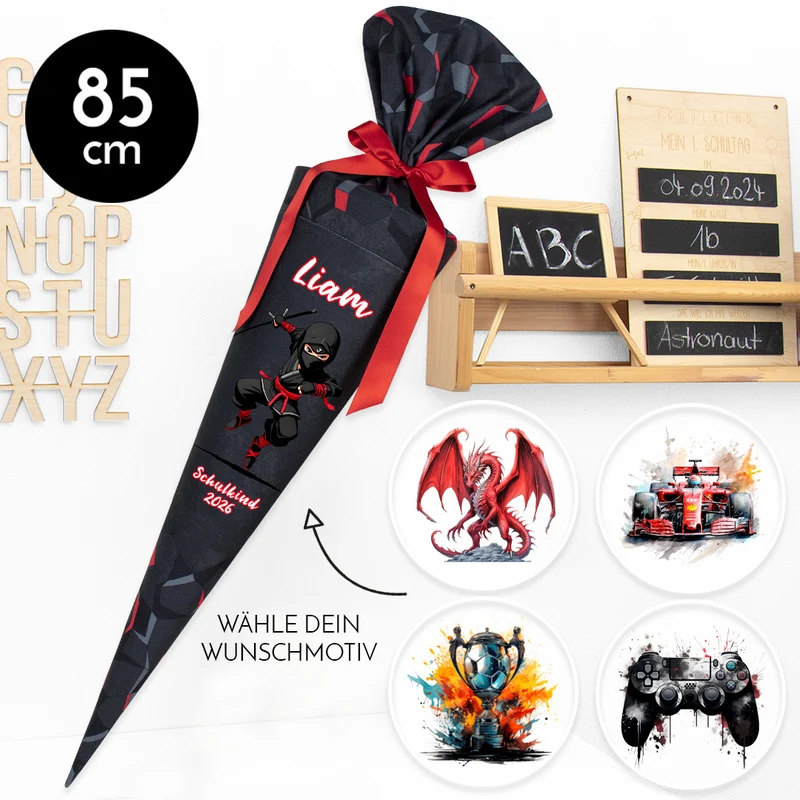 Deine Schultüte aus Stoff mit Wunschname - Jungs Modell 4 - 85 cm