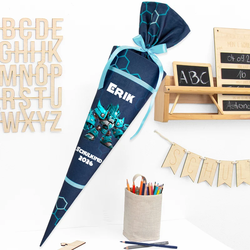Deine Schultüte aus Stoff mit Wunschname - Jungs Modell 3 - 85 cm