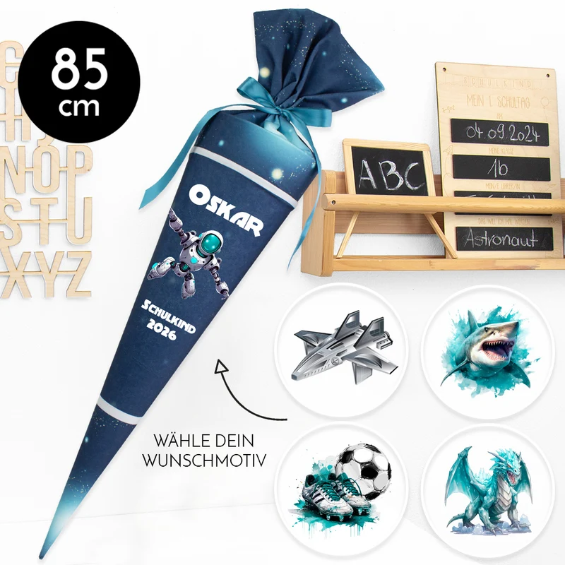 Deine Schultüte aus Stoff mit Wunschname - Jungs Modell 2 - 85 cm