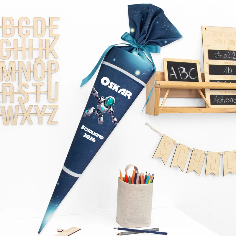 Deine Schultüte aus Stoff mit Wunschname - Jungs Modell 2 - 85 cm