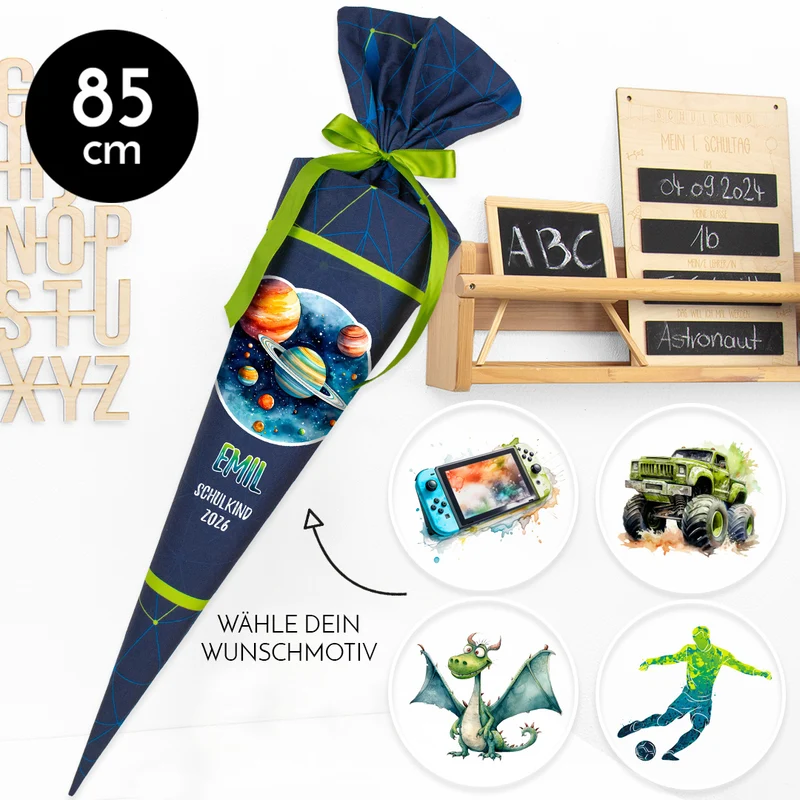 Deine Schultüte aus Stoff mit Wunschname - Jungs Modell 1 - 85 cm