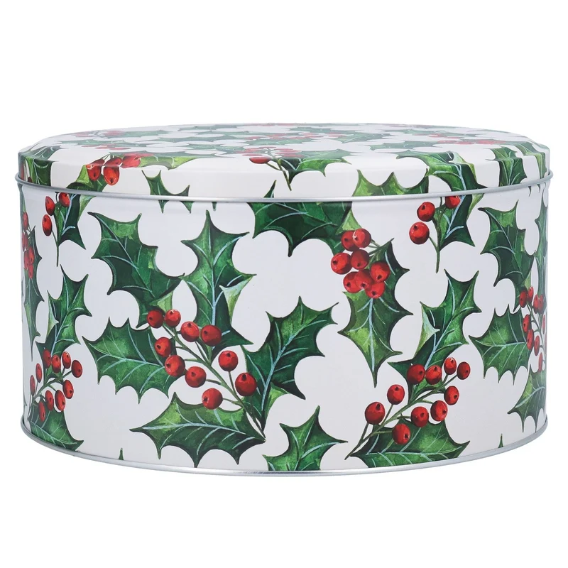 Holly & Berries Christmas Cake Tin | Round Festive Baking Storage Tin 24x12cm