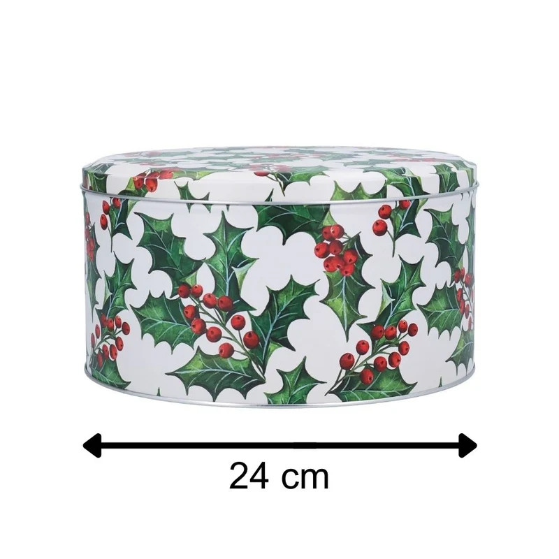 Holly & Berries Christmas Cake Tin | Round Festive Baking Storage Tin 24x12cm