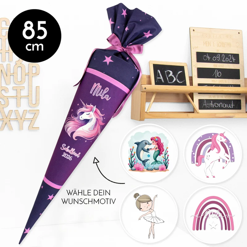Deine Schultüte aus Stoff mit Wunschname - Mädchen Modell 11 - 85 cm