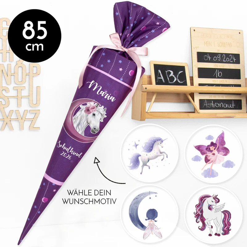 Deine Schultüte aus Stoff mit Wunschname - Mädchen Modell 3 - 85 cm