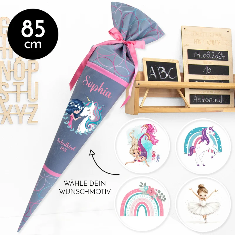 Deine Schultüte aus Stoff mit Wunschname - Mädchen Modell 2 - 85 cm