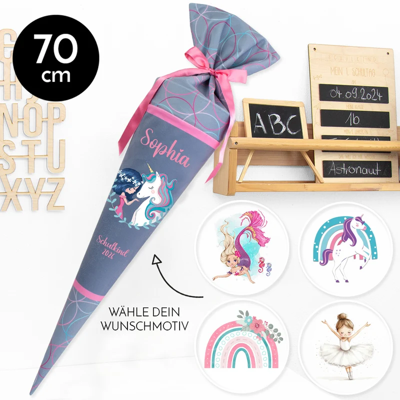 Deine Schultüte aus Stoff mit Wunschname - Mädchen Modell 2 - 70 cm