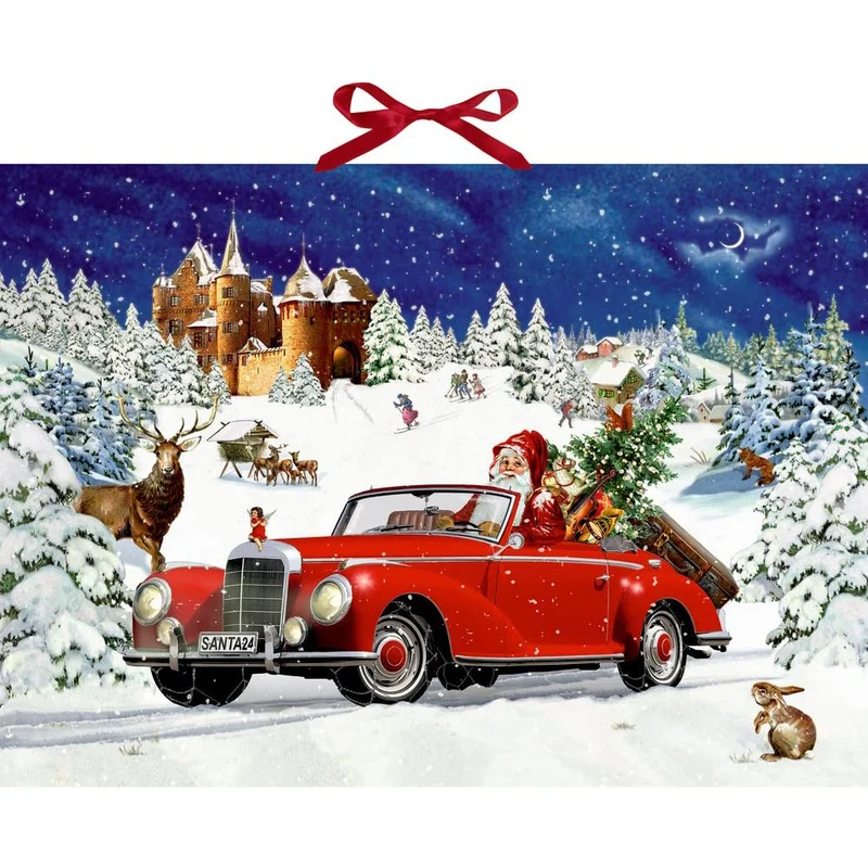 Santa Road Trip Advent Calendar | Father Christmas in Car with 24 Glittery Doors - 52x38cm