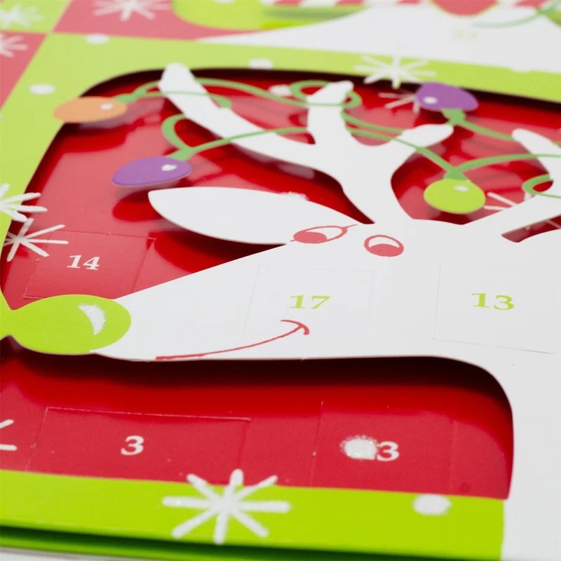3D Reindeer Christmas Advent Calendar - Glittered Die-Cut with Ribbon, 35.5x39cm