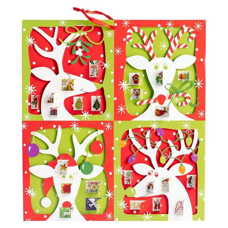 3D Reindeer Christmas Advent Calendar - Glittered Die-Cut with Ribbon, 35.5x39cm