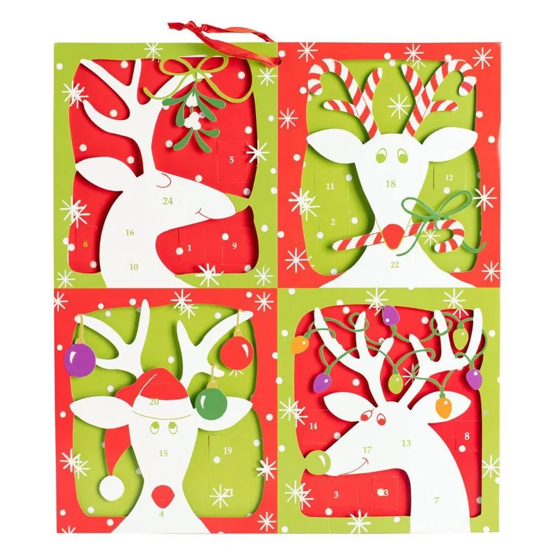 3D Reindeer Christmas Advent Calendar - Glittered Die-Cut with Ribbon, 35.5x39cm