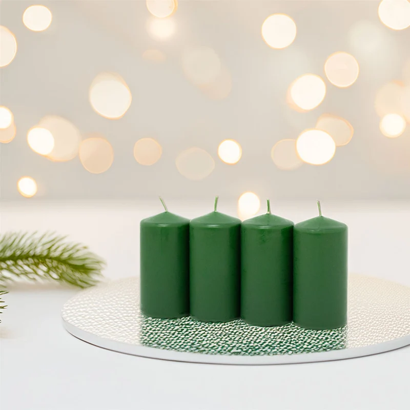 Set of 4 Green Pillar Candles | Unscented Wax Candles for Home & Events - 5x10cm