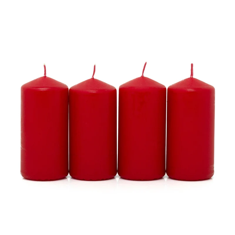 Set of 4 Red Pillar Candles | Unscented Wax Candles for Home & Events - 5x10cm