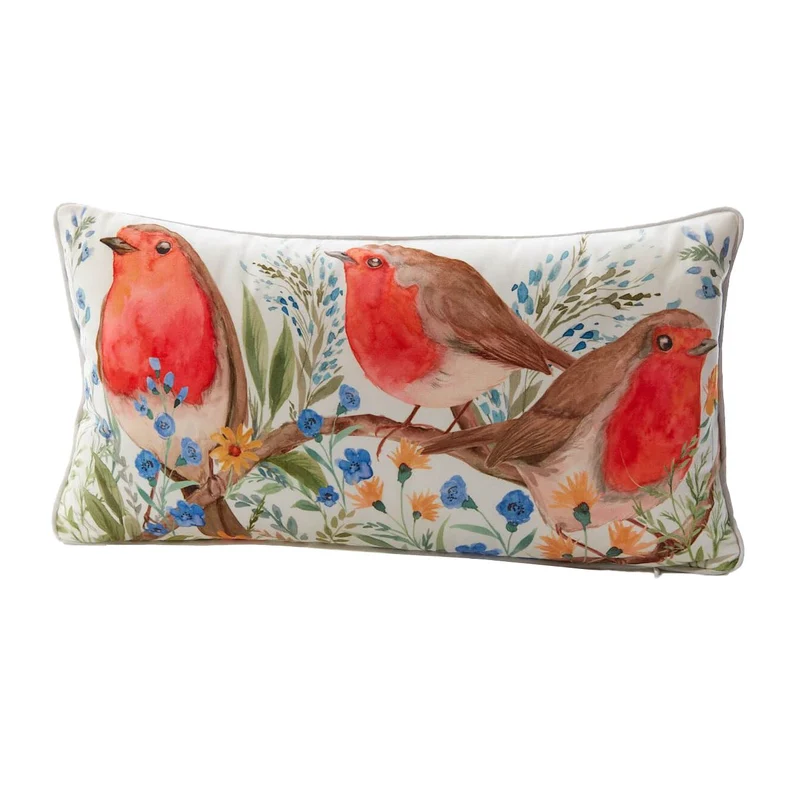 Robin Forget Me Not Cushion | Soft Velour Scatter Pillow with Watercolour Bird