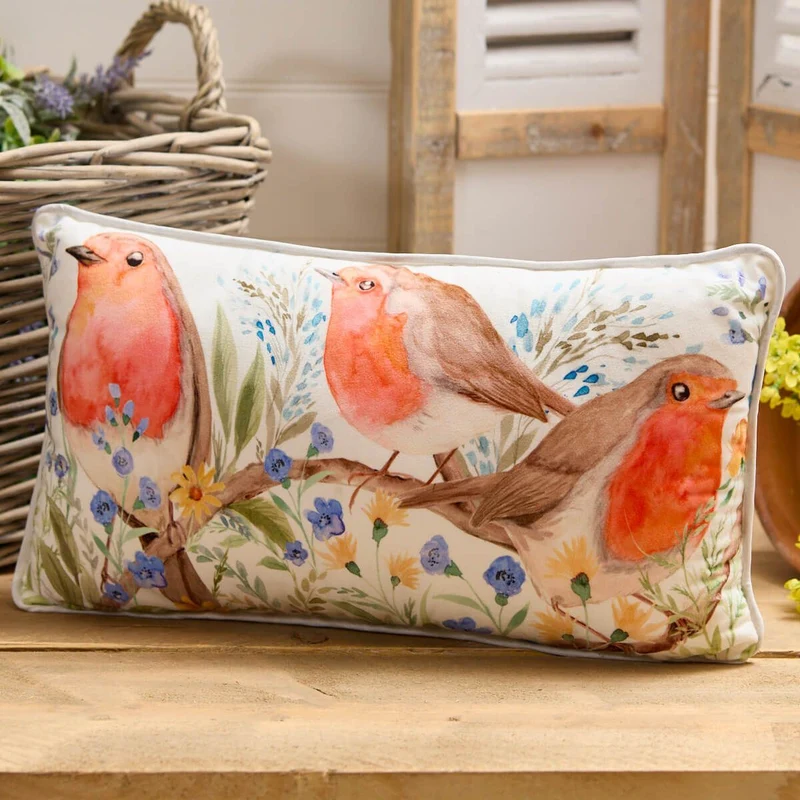 Robin Forget Me Not Cushion | Soft Velour Scatter Pillow with Watercolour Bird