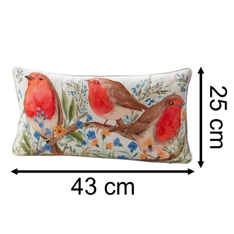 Robin Forget Me Not Cushion | Soft Velour Scatter Pillow with Watercolour Bird