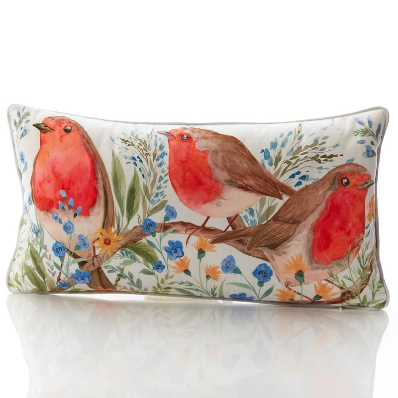Robin Forget Me Not Cushion | Soft Velour Scatter Pillow with Watercolour Bird
