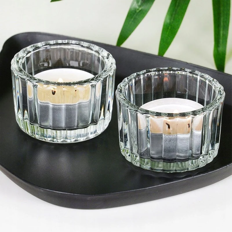 Set of 2 Ribbed Tea Light Candle Holders | Clear Glass Tealight Candle Holders