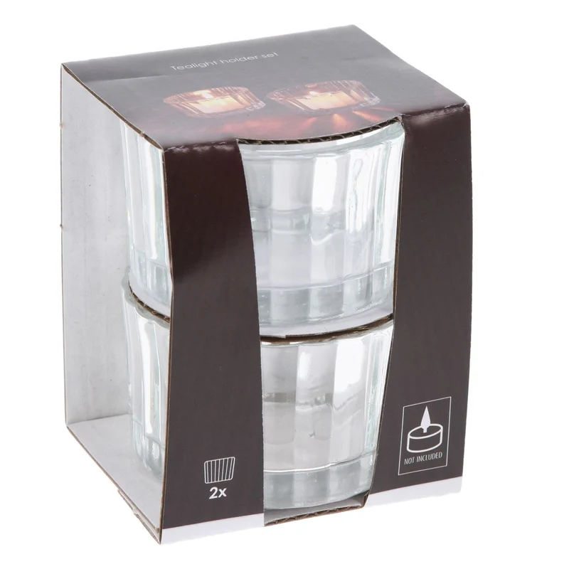 Set of 2 Ribbed Tea Light Candle Holders | Clear Glass Tealight Candle Holders