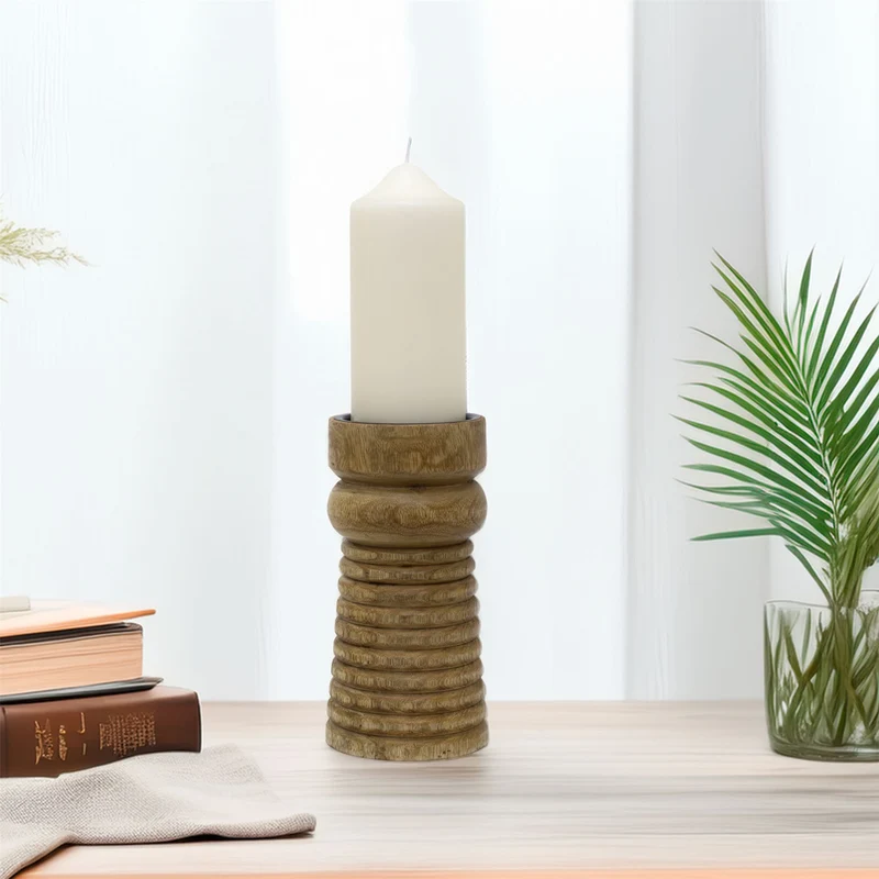 Mango Wood Pillar Candle Holder | Wooden Candlestick for Pillar Candles - 20cm