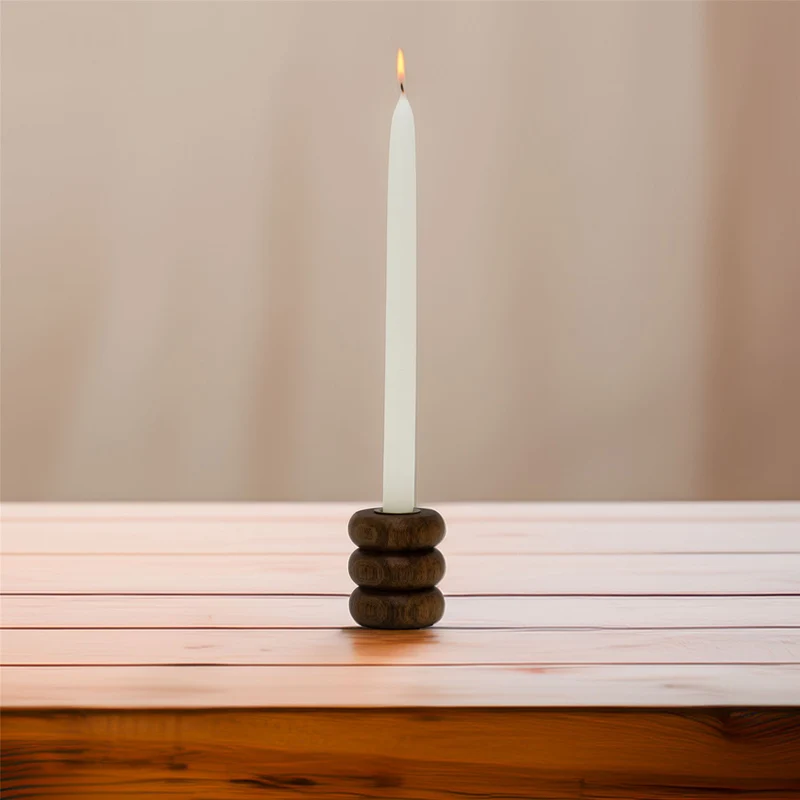 Walnut Ribbed Wooden Candlestick | Rustic Candle Holder for Taper Candles - 7cm