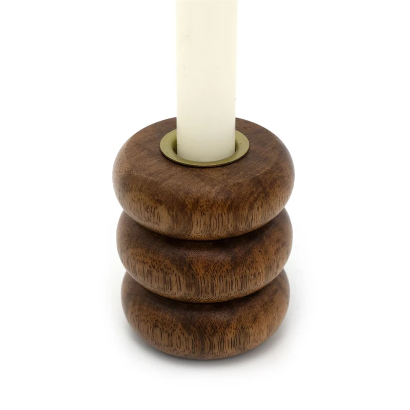 Walnut Ribbed Wooden Candlestick | Rustic Candle Holder for Taper Candles - 7cm