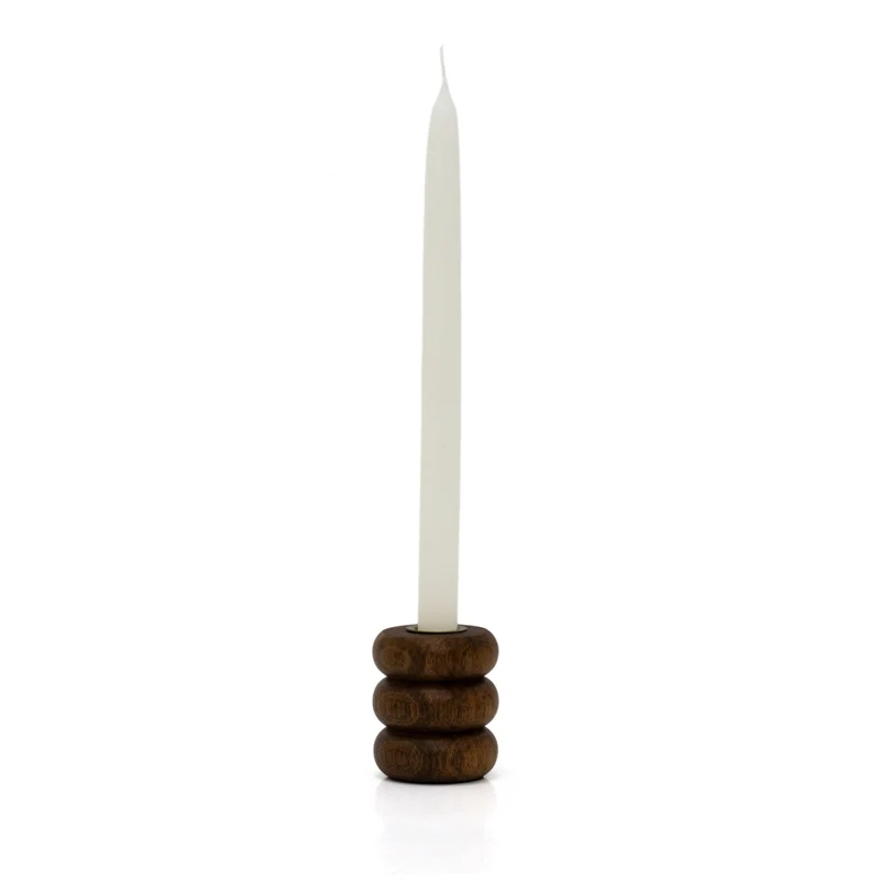 Walnut Ribbed Wooden Candlestick | Rustic Candle Holder for Taper Candles - 7cm