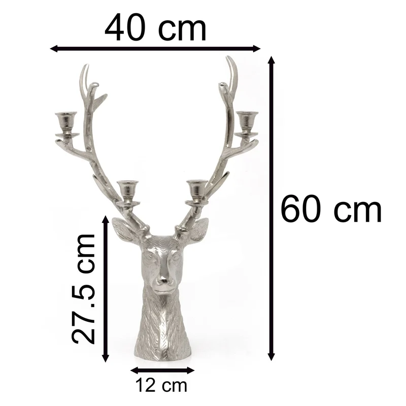 Silver Stag Head Candle Holder | Silver Metal Deer Antler Candelabra - 60cm
