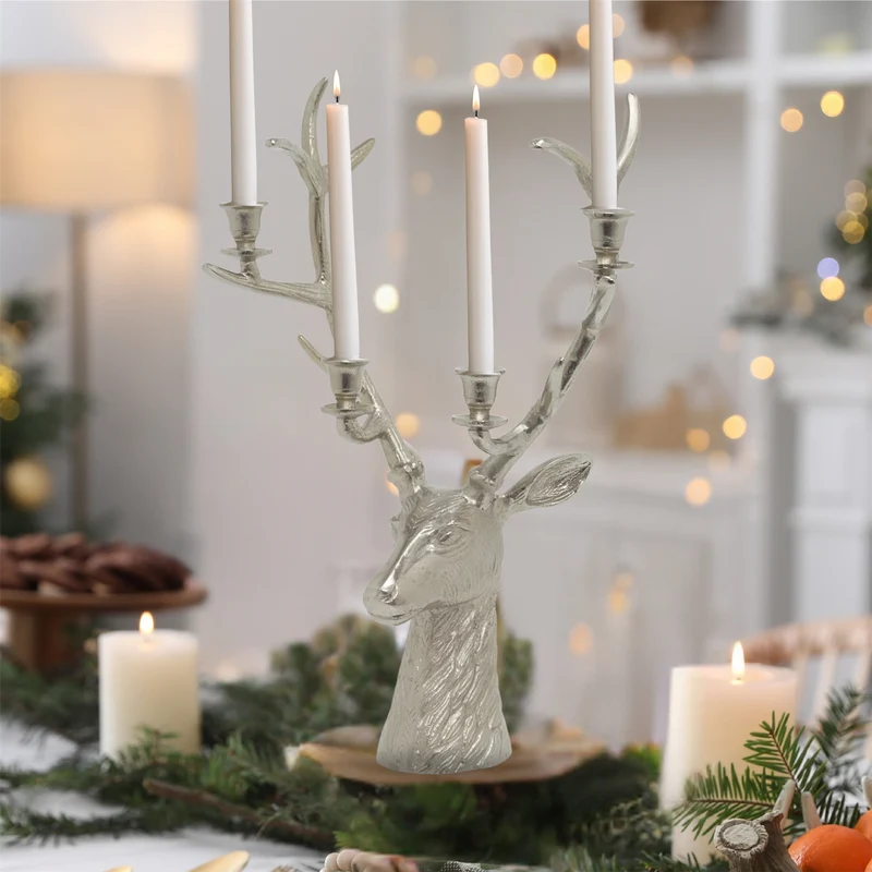 Silver Stag Head Candle Holder | Silver Metal Deer Antler Candelabra - 60cm