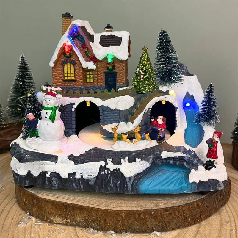 Traditional Christmas Village Scene | LED Light-Up Ornament with Movement - 20cm