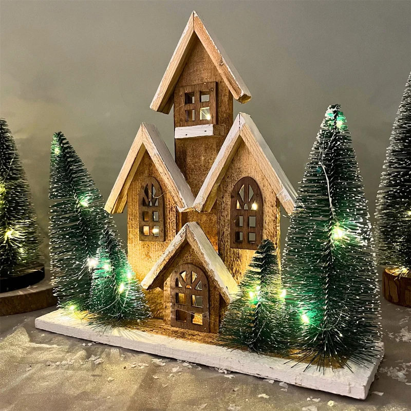 LED Wooden Christmas House with Bottle Brush Trees | Light Up Ornament - 30cm