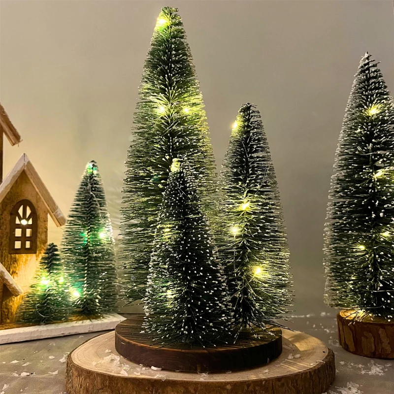 LED Bottle Brush Christmas Trees on Wooden Base | Snowy Green Light-Up Trees