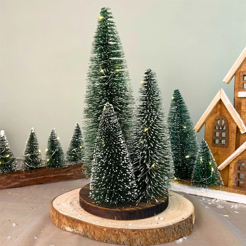 LED Bottle Brush Christmas Trees on Wooden Base | Snowy Green Light-Up Trees