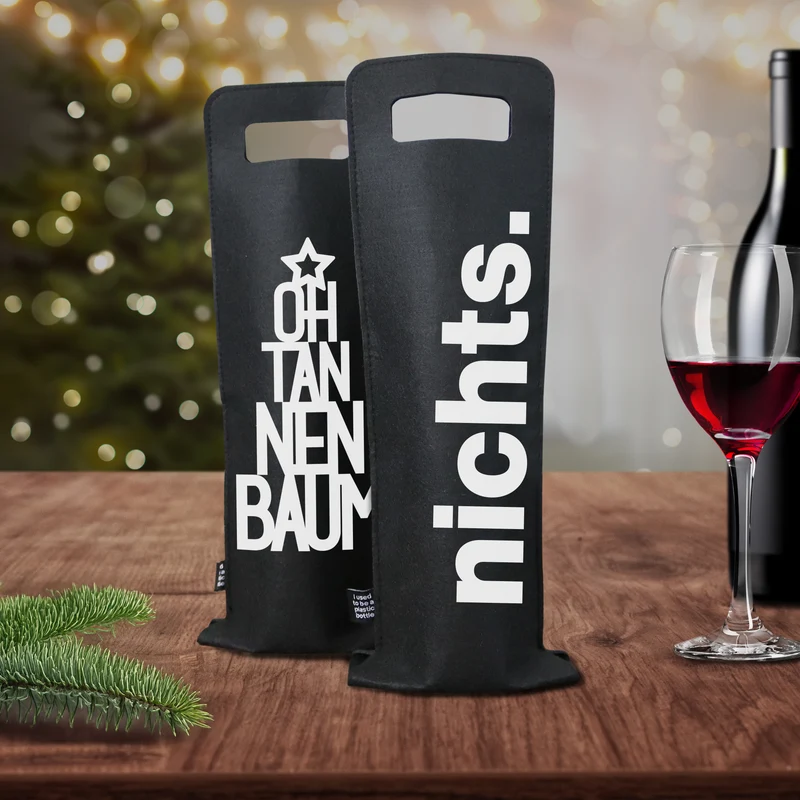 Geschenkverpackung für Wein 2er Set Flaschentasche Geschenktasche für Weinflaschen aus Filz Geschenktüte Weihnachten Oh Tannenbaum / Nichts - schwarz
