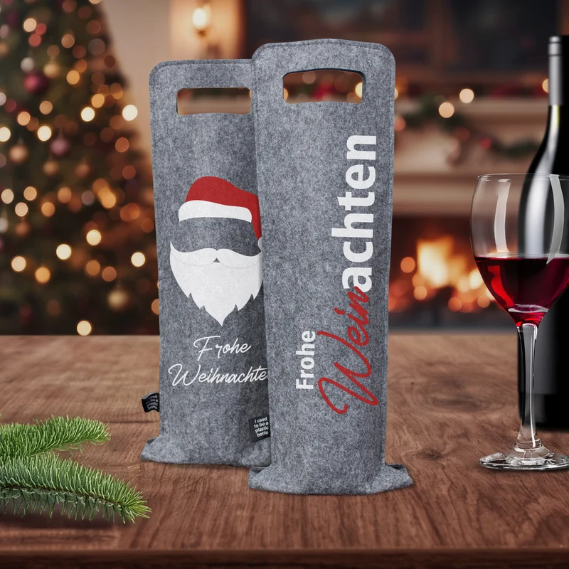 Geschenkverpackung für Wein 2er Set Flaschentasche Geschenktasche für Weinflaschen aus Filz Geschenktüte Weihnachten Weinachten / Santa - grau